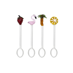 SET 4 CUCCHIAINI DECORI PALMA ARANCIA FENICOTTERO FRAGOLA